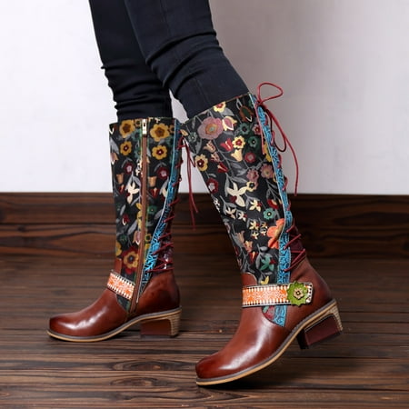 

Bxzhiri Winter And Autumn Boots Women s Fashion Thick Heel Round Toe Embroidered Bohemian Boots