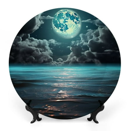 

FUMJ Moon Ocean Clouds Bone China Decorative Plate Room Decoration with Optional Patterns and Easy Installation 8x8inch