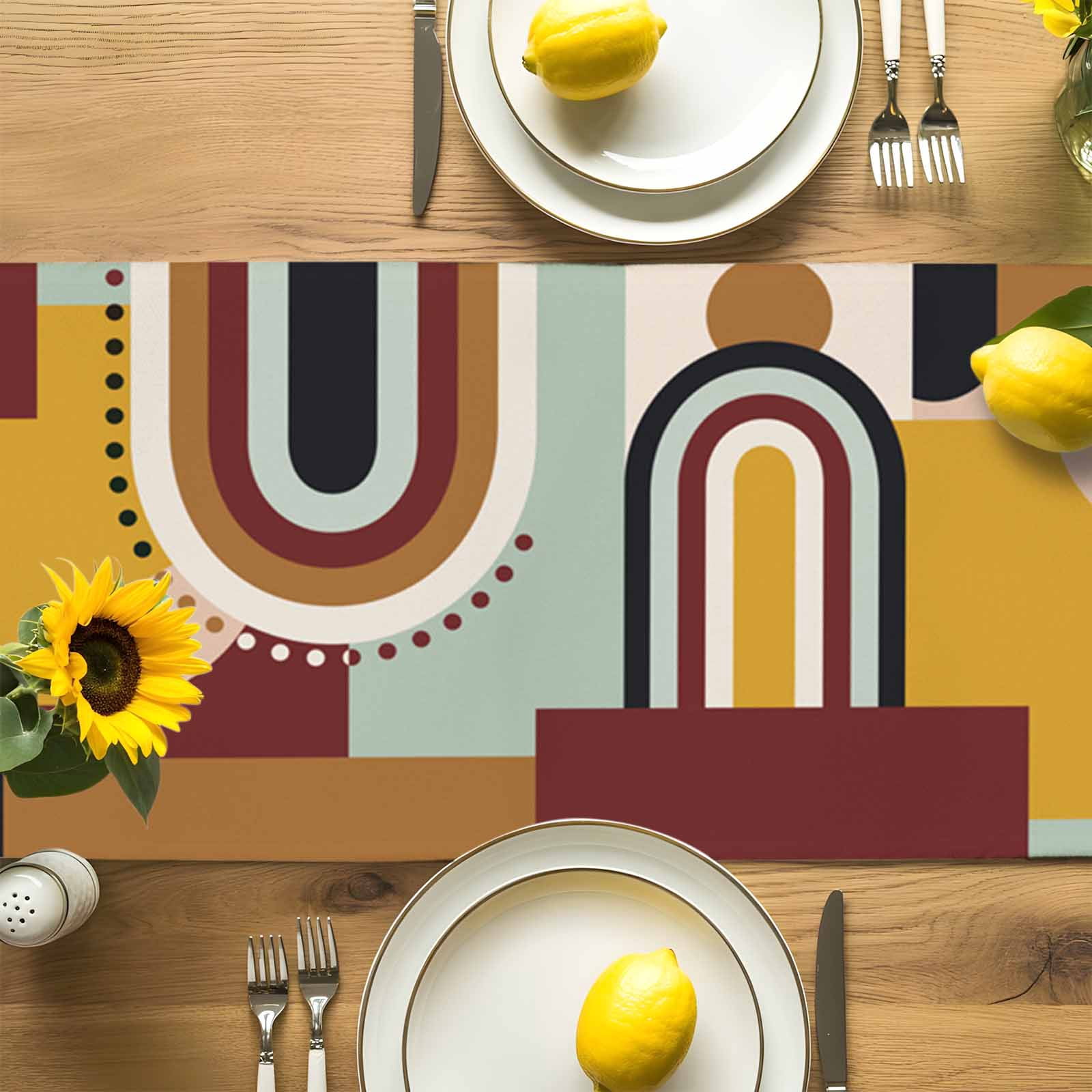 Mid Century Abstract Ethnic Art Table Runner 90 Inches Long, Yellow Brown Geometric Color Block Table Runners Tabletop Scarf Kitchen Dining Tables Decoration for Home Party Indoor Outdoor