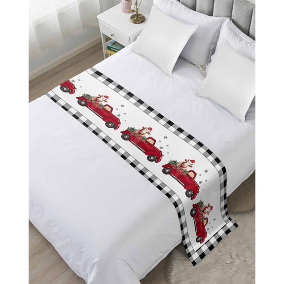 Xipuska Christmas Bed Runners for Queen Size Bed, Decorative Bed Throws for Foot of Bed, Black Plaid Xmas Truck Gnomes Snowflake Bed Runner Sofa Throw Bedding Scarf Protector Slipcover for Bedroom