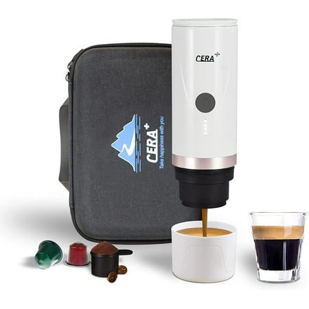luxury CERA+ Portable Mini Espresso Machine 12V/24V Rechargeable Car Coffee Maker with Self-Heating 20 Bar Pressure Compatible with NS Pods & Ground Coffee for Travel Camping Offi