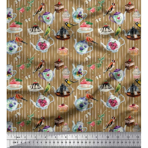 Soimoi Cotton Duck Fabric Bird,Tea Kettle & Cupcake Food Printed Fabric 1 Yard 42 Inch Wide