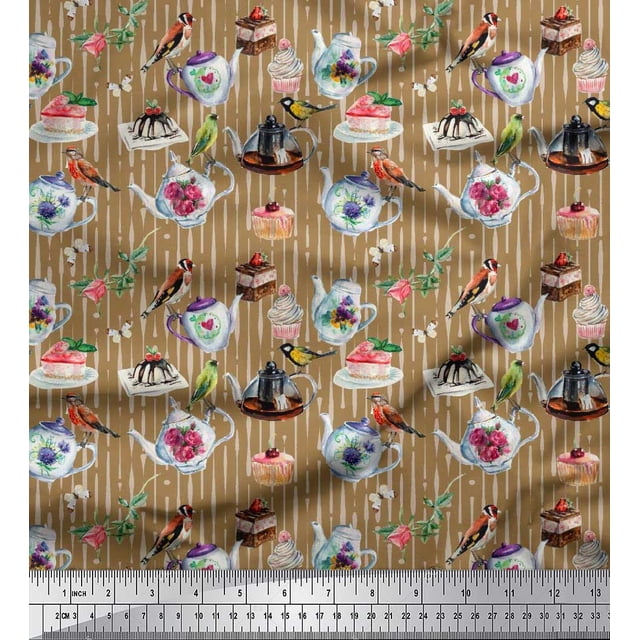 Soimoi Polyester Crepe Fabric Bird,Tea Kettle & Cupcake Food Printed Craft Fabric by The Yard 42 Inch Wide