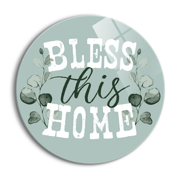 Bless This Home Grey Sage Foliage 24 inch Glass Round Wall Hanging Sign