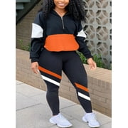 Lovelywholesale Plus Size Sweatsuit For Women Long 2-Piece Sleeve Pants Striped Patchwork Tracksuit Set