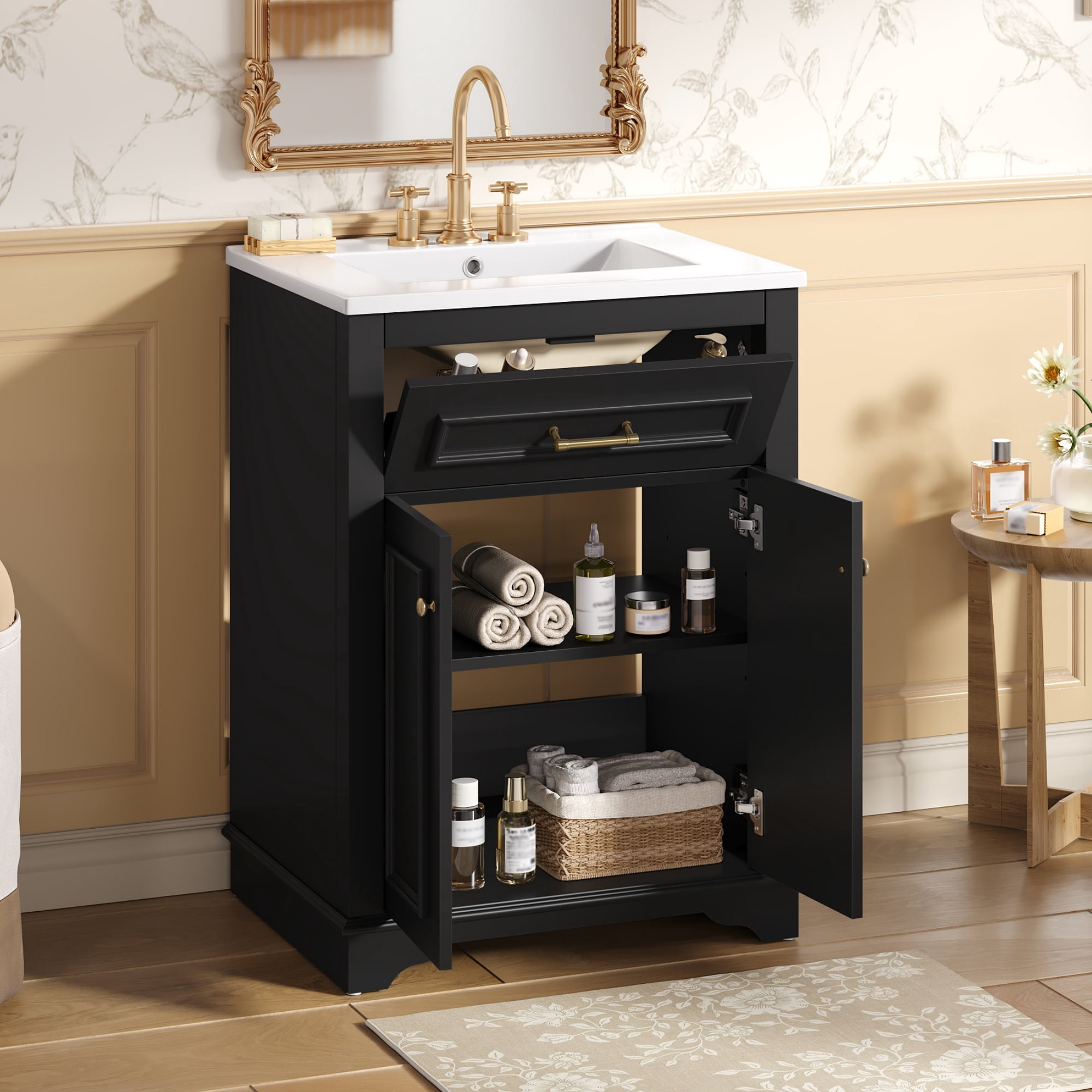 Euroco 24" Bathroom Vanity with Integrated Ceramic Sink, Bathroom Cabinet with 2 Doors, 1 Tip-Out Drawer, Single Sink Bathroom Vanity for Small and Medium Restroom, Black