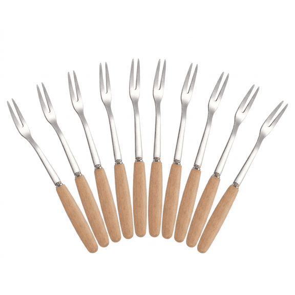 ROSEXIXI 10Pcs Stainless Steel Fruit Forks with Solid Wood Handle Small 2 Tine Dessert Cake Fork for Home Party