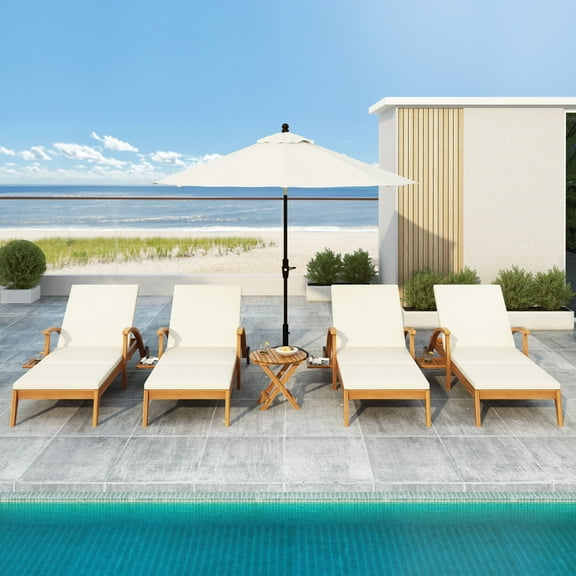 Christopher Knight Home Patio Chaise Lounge with Wheels, 4-Position Adjustable Backrest, Hidden Cup Holder, Cream Set of 4