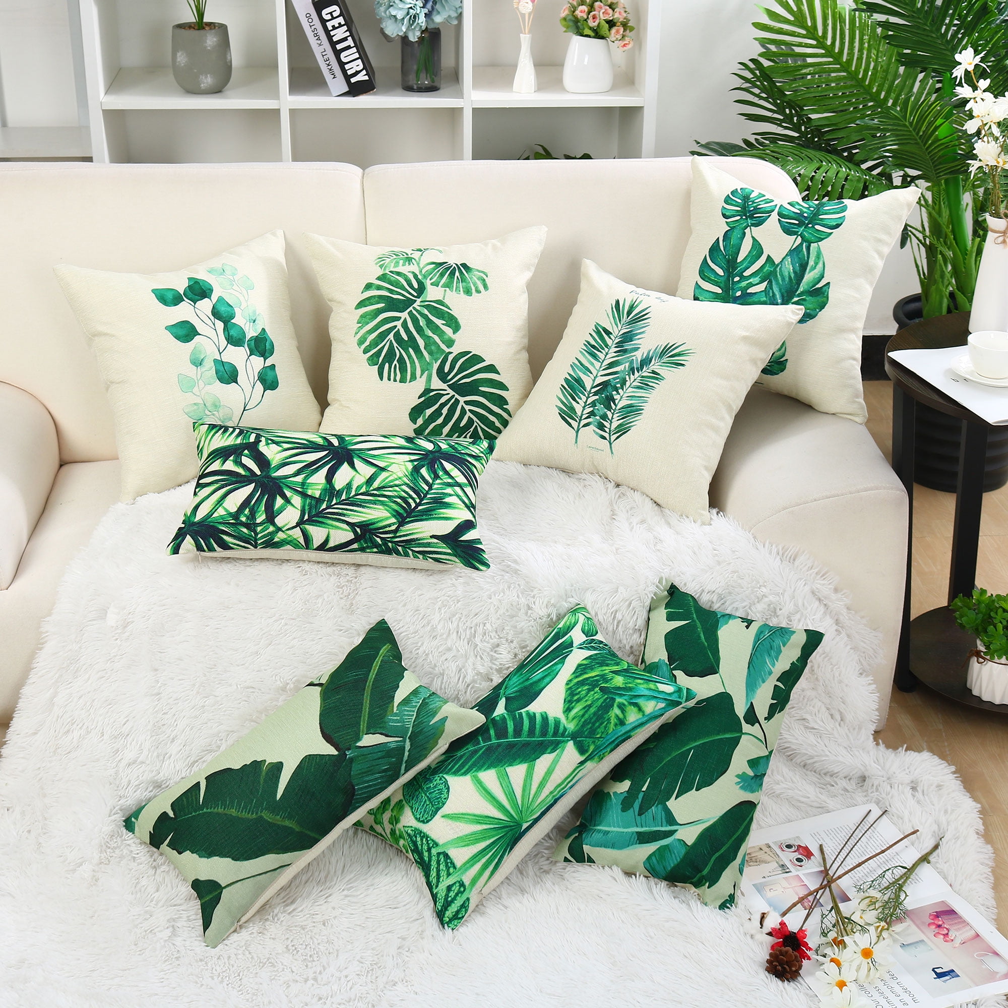2pcs Green Leaves Throw Pillow Cover Pattern Cushion Cover Cotton Plant
