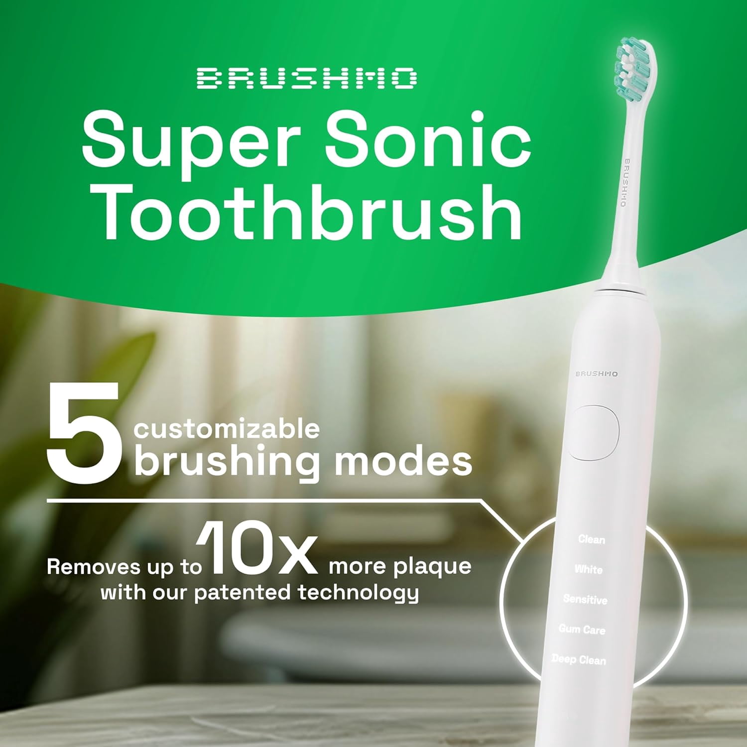 Brushmo Super Sonic Rechargeable Toothbrush, 5 Brushing Modes, Includes 4 Brush Heads, 2-min Timer, 30-Day Battery, Charging Base, Stellar White