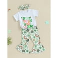thumbnail image 3 of Bslissey Kids Baby Girl Pants Set Short Sleeve Letter Print T-shirt + Shamrock Pattern Flare Pants + Headband 3Pcs Outfits Toddler Casual Holiday Clothes 6M-5T, 3 of 8