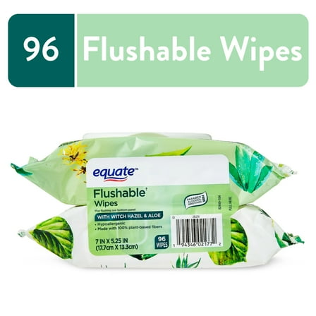 Equate Flushable Wet Wipes with Witch Hazel & Aloe, 96 Wipes (2 Pack)