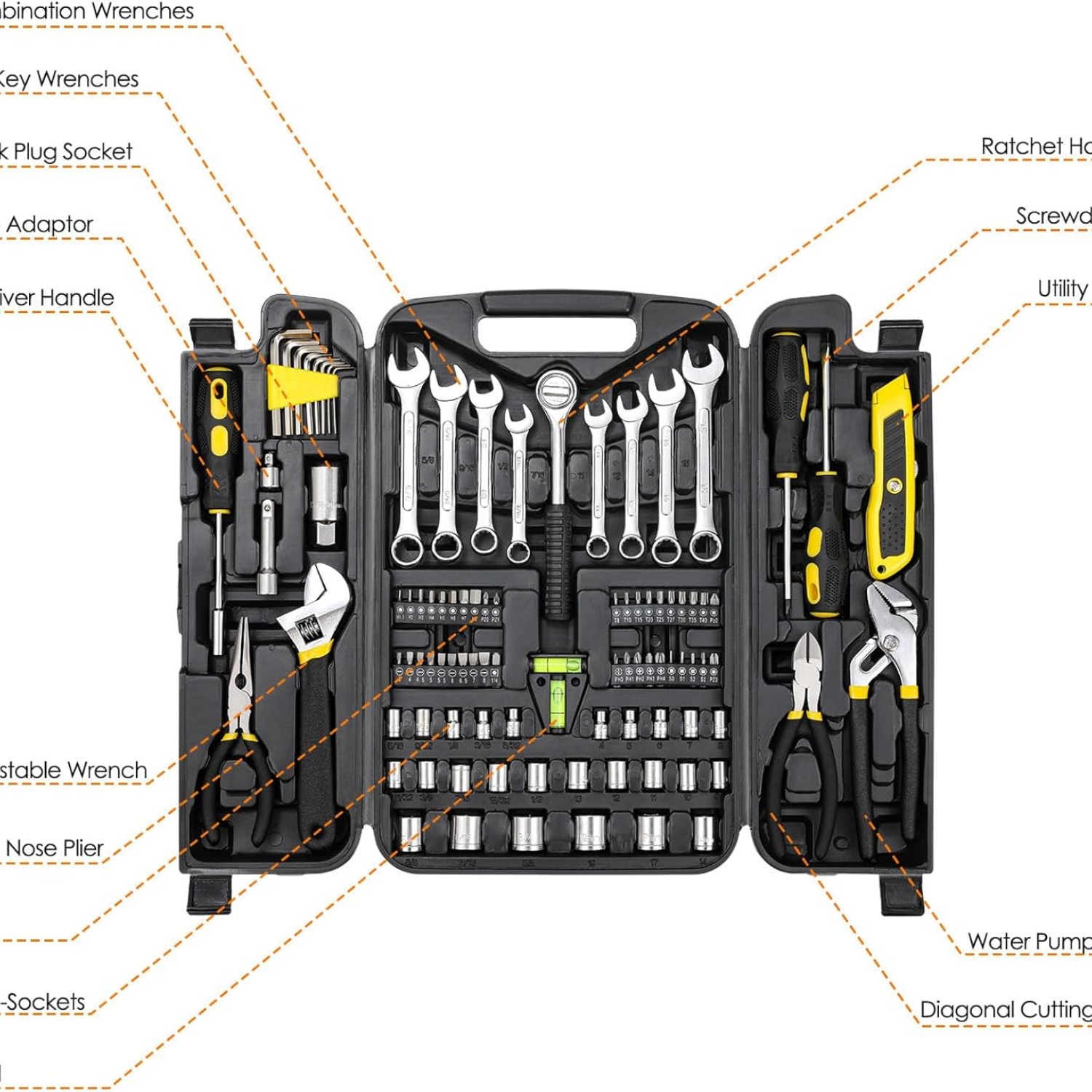 95 Piece Tool Set, Tool Kit, Mechanics Tool Set, Portable Toolbox with Adjustable Wrench Pliers Socket Bits, with Plastic Toolbox Storage Case, for House Apartment Garage (Yellow)