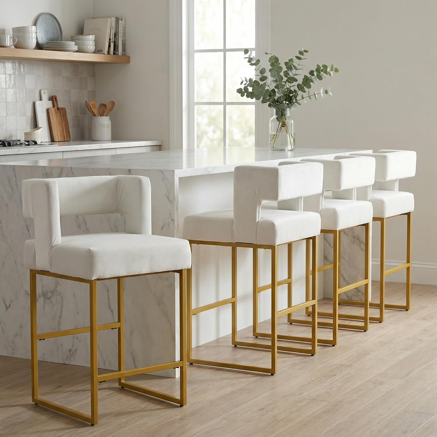 Lecut 26" H Counter Height Bar Stools Set of 4, Modern Velvet Bar Stools with Square Open Backrest and Gold Metal Frame, Kitchen Counter Stools for Island, Home Bar, Pub,Beige+Gold