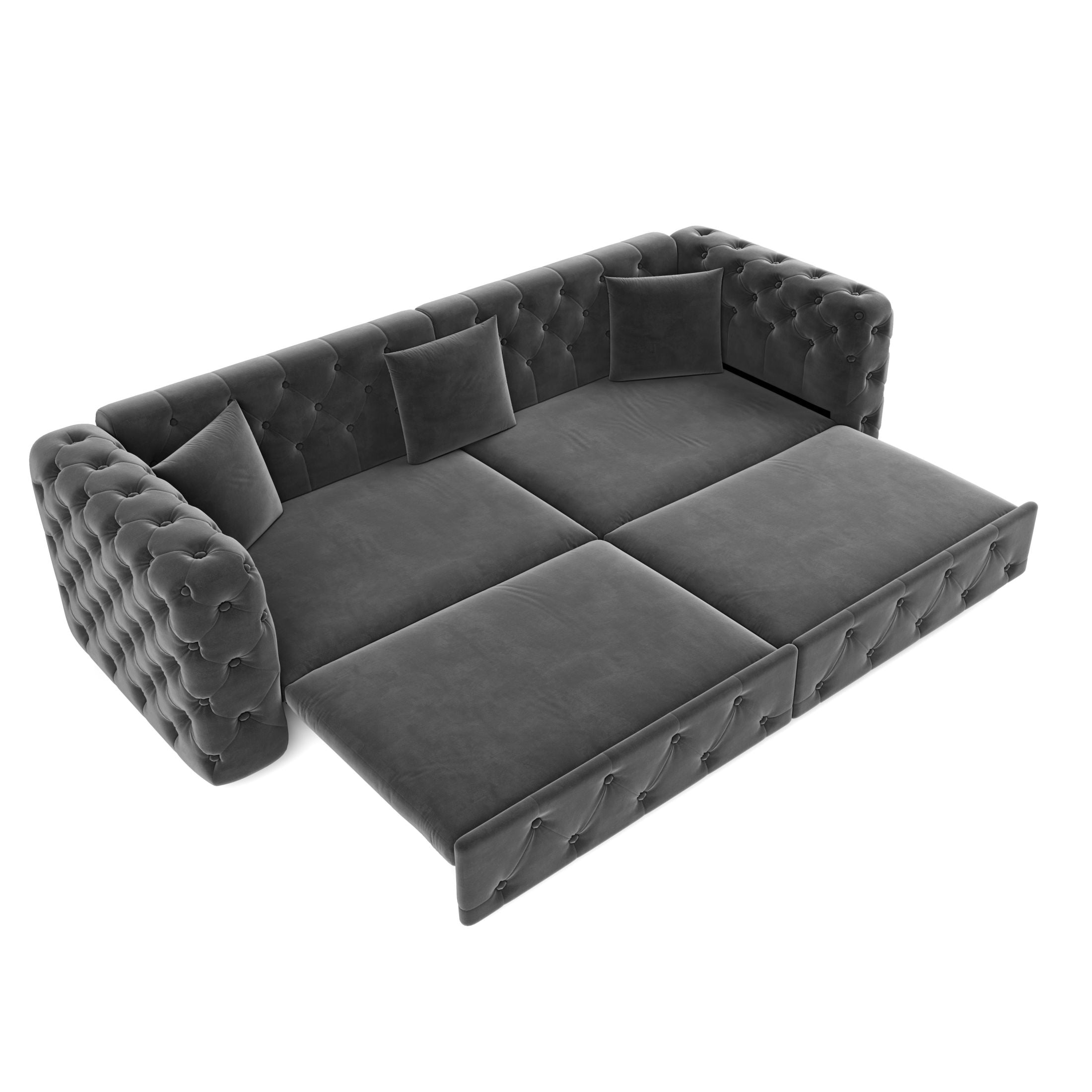 Noble House Belric 4-Seater Velvet Chesterfield Pull-Out Sofa Bed, Multifunctional 3-in-1 Tufted Sleeper Couch, Grey