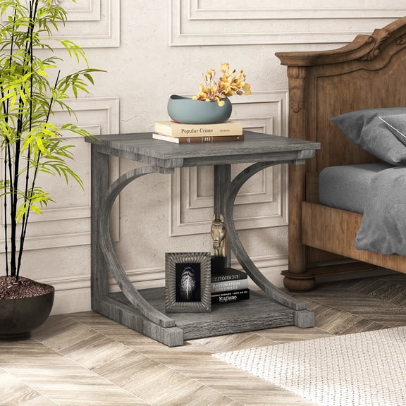 Spaco C-shaped 24 Inch 2 Tier Square End Table, Sofa Side Table, Grey
