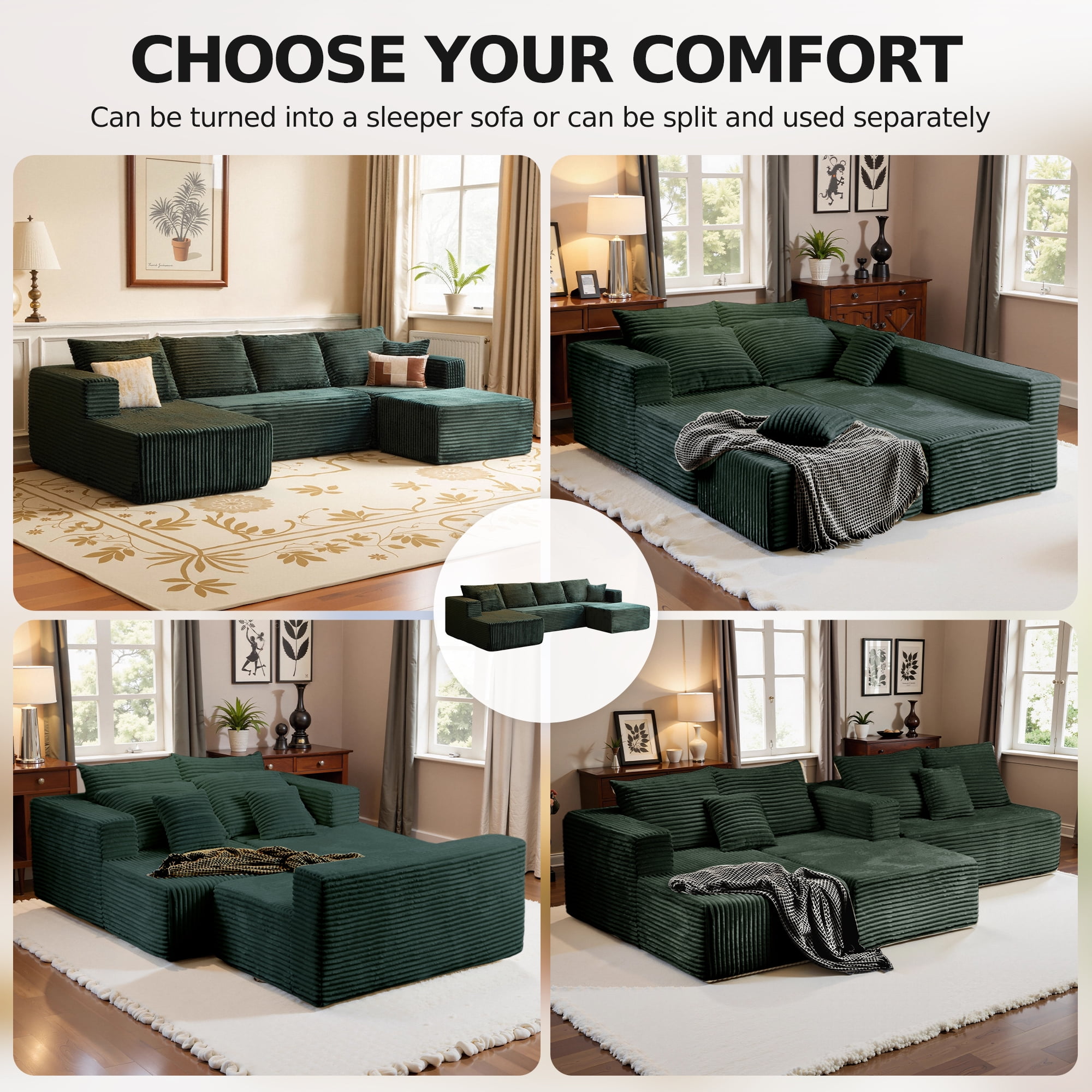 Cubente 134.7" Modular Cloud Sectional Sofa, Cloud Boneless Couch No Assembly Required Reversible U-Shaped Couches with Chaise, Oversized Sofa with 4 Seats for Living Room