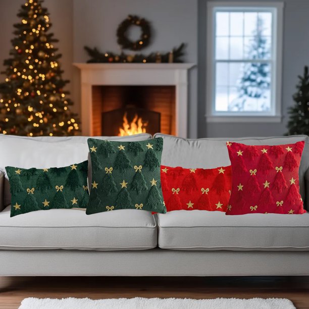 Cojín Decorativo con Árbol de Navidad y Copos de Nieve | Cojín Suave de Poliéster Verde | 45X45Cm | Decoración Festiva para El Salón | 1 Cojín