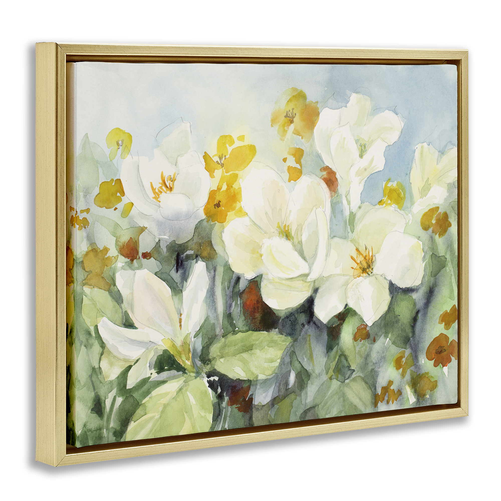 Stupell Industries Early Spring Meadow Botanical & Floral Painting Gold Floater Framed Art Print Wall Art, 31 x 25