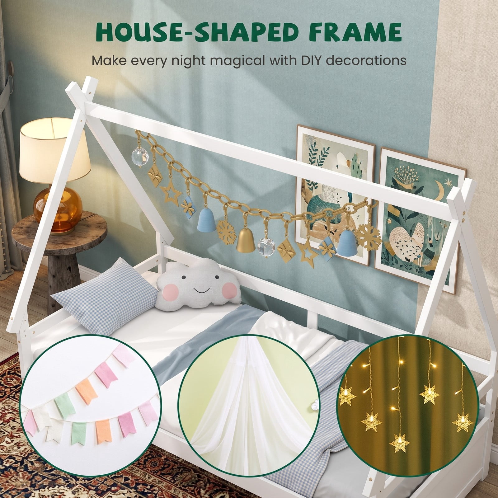 Furnibear Twin Bed Frame, Montessori House Bed with Pull Out Trundle, Safety Guardrail and Wooden Slat Support for Kids Room, White