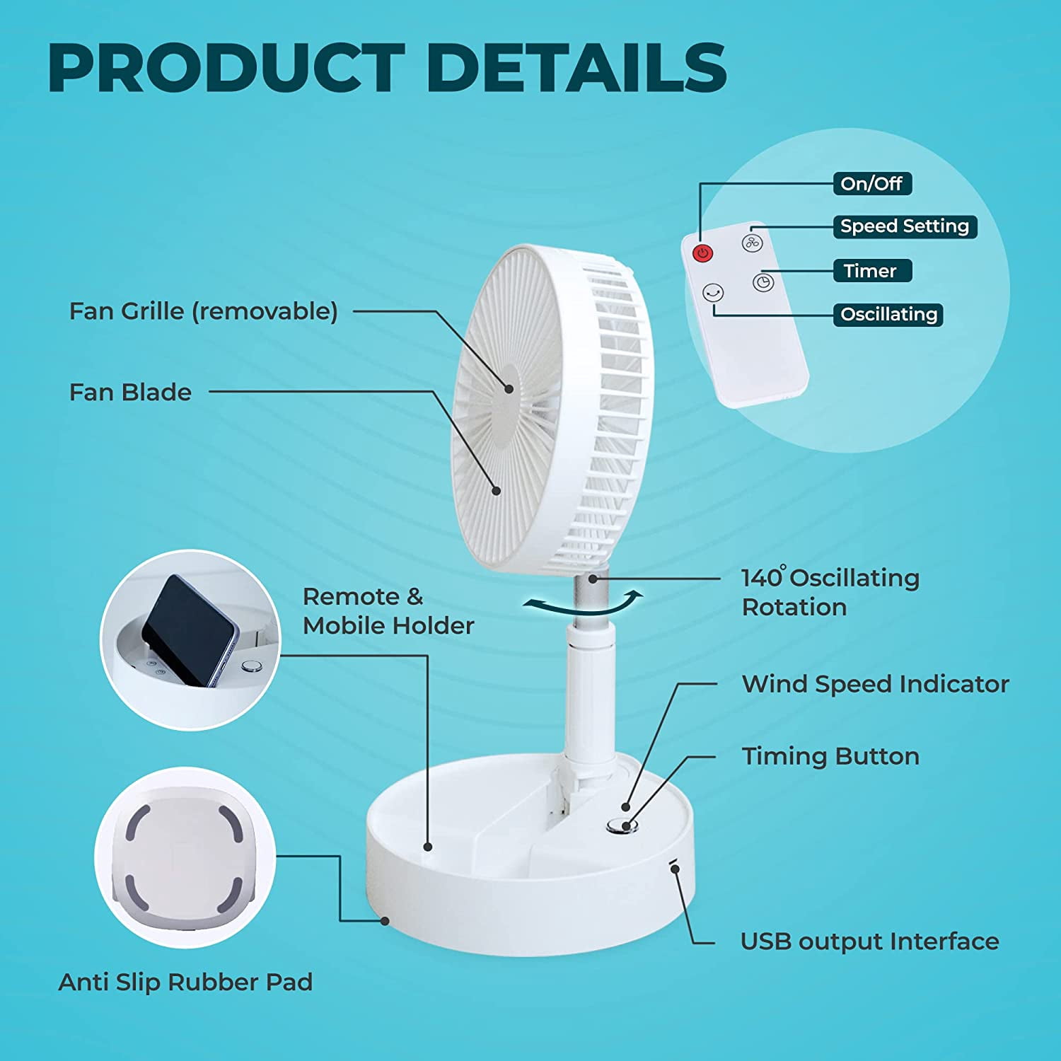 Portable Foldable Rechargeable Fan - 9" 7200mah Battery Operated USB C Small Fan Remote, Quiet Table Desk Fan Folding Standing Pedestal Fans for Camping Travel Outdoor Home (White)