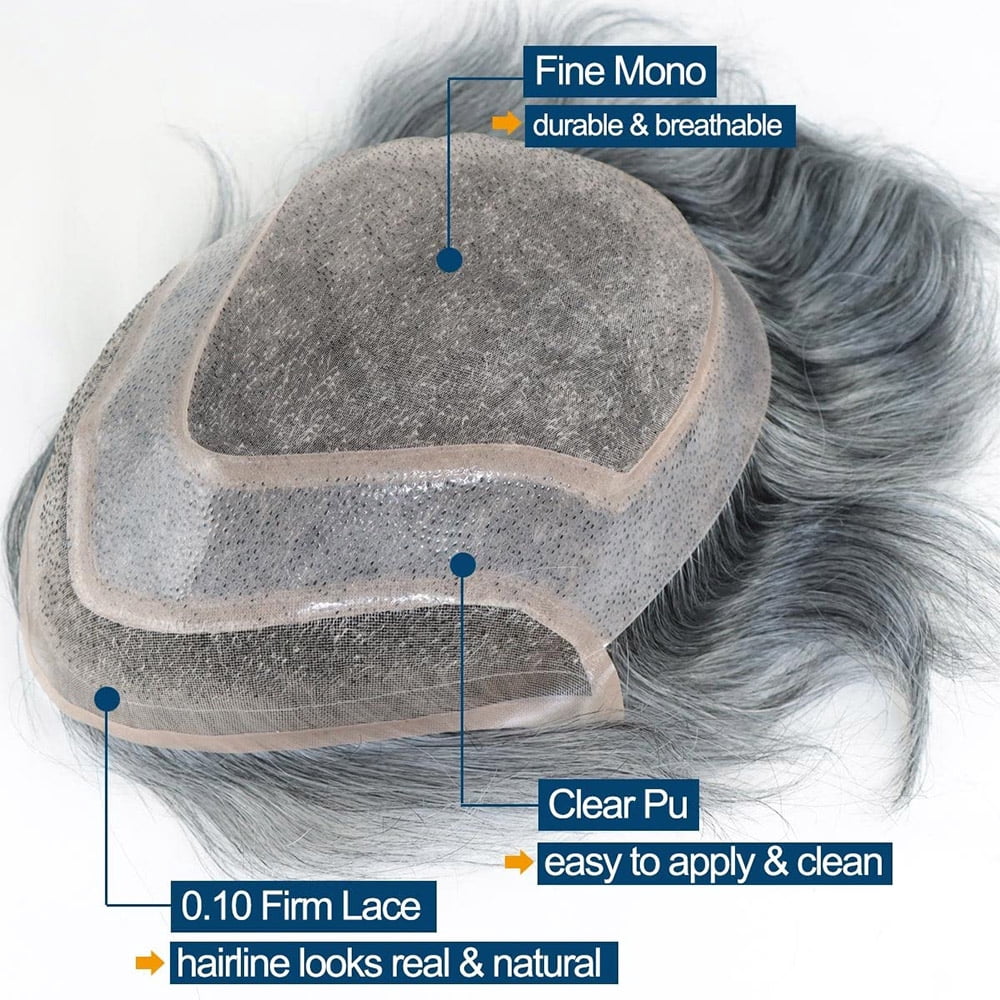 Hair System Mens Toupee Human Hair Replacement Wigs for Men Natural Hairline Fine Mono with PU Hairpiece 1B Off Black with 60% Synthetic Grey Hair 8x10 Inch