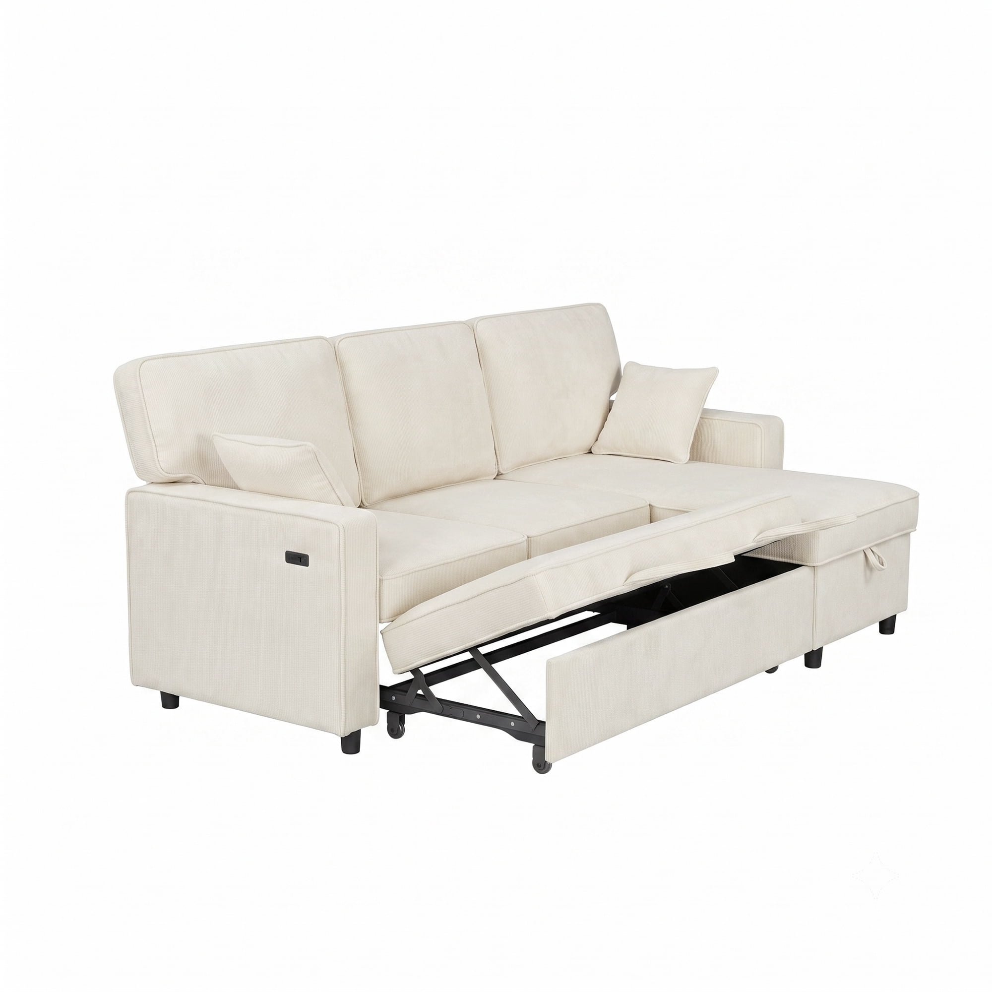 Sectional Sleeper Sofa,L Shaped Chenille Convertible Sofa Bed 89" 3 Seater with Flip-Down Center Console & USB Charging Ports,Pull Out Couch for Living Room Apartment Office,Beige