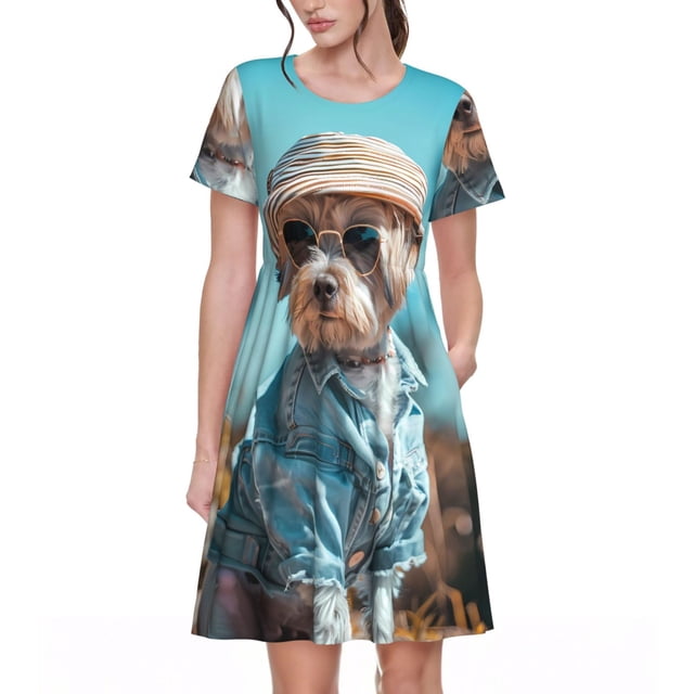 Fotbe Stylish Dog in Denim Outfit Vestido Largo de Moda para Mujer, Vestido Tipo Camiseta con Manga Corta y Estilo Casual a Rayas y Bloques de Color