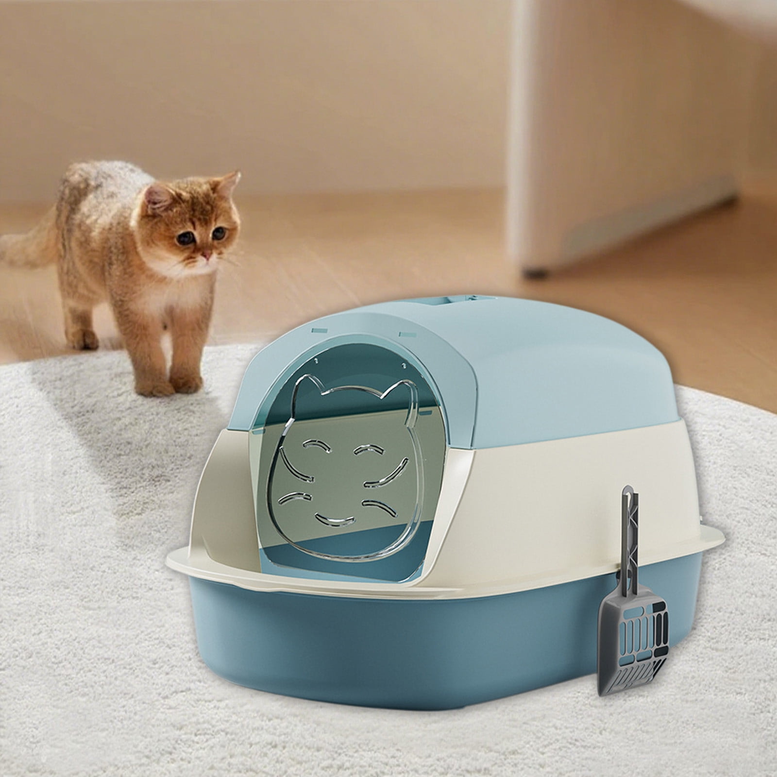 Large Covered Litter Box with Lid, Fully Enclosed Cat Litter Pan, Splash Proof Toilet Tray with Shovel for Cats