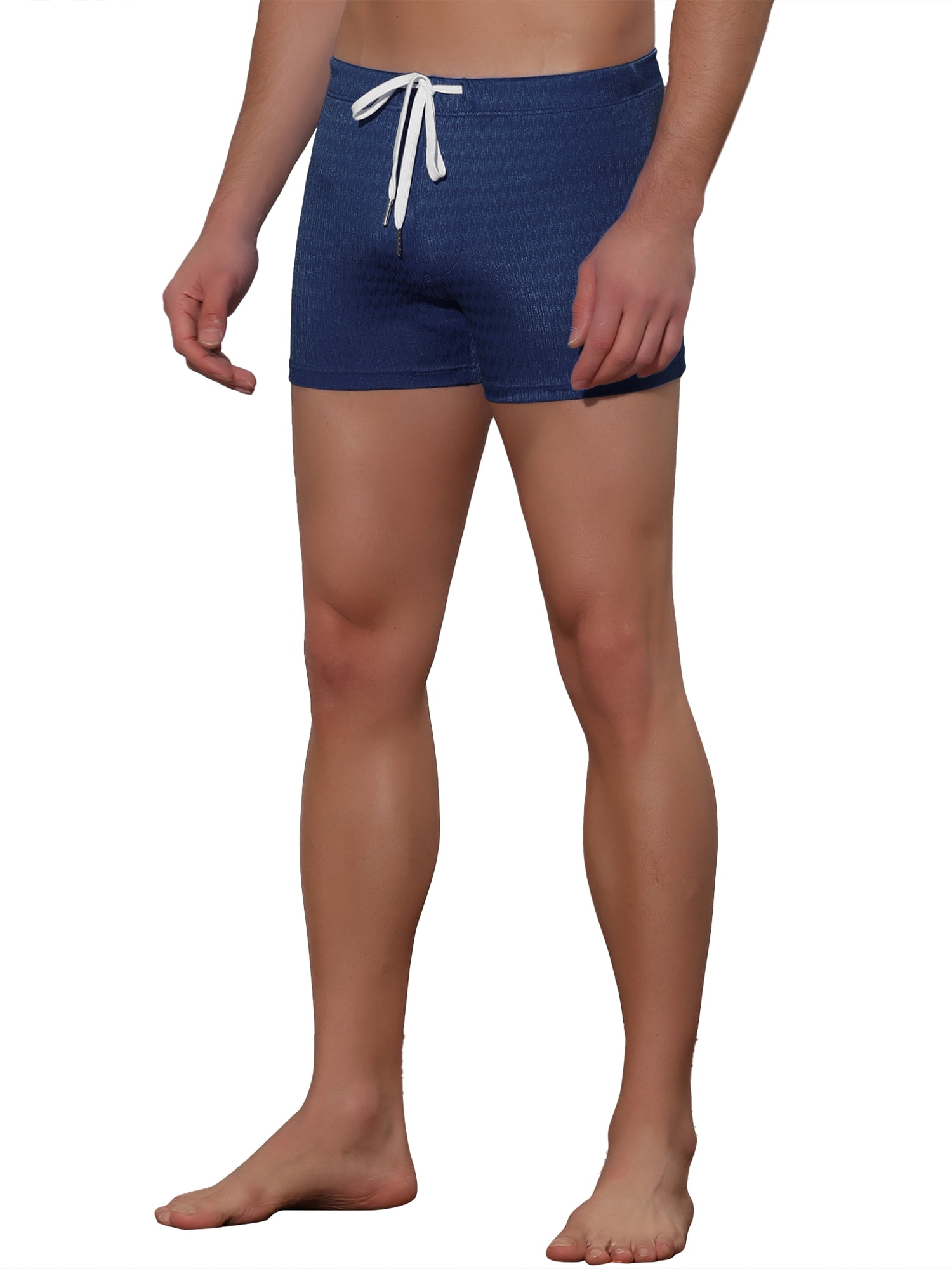 Unique Bargains Men's Solid Color Drawstring Waist Summer Beach Pool Swim Trunks 34 Navy