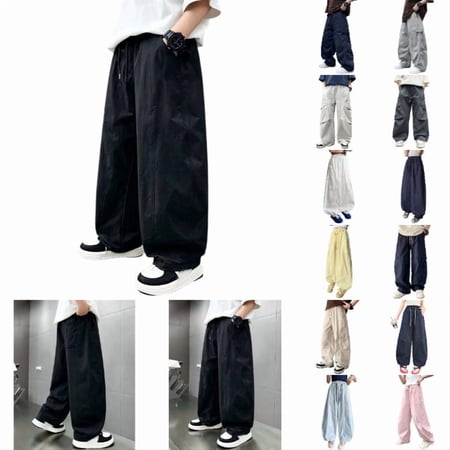Krdevn Kids Lightweight Cargo Pants Elastic Drawstring Wide Leg Casual Summer Trousers Black 9-10 Years