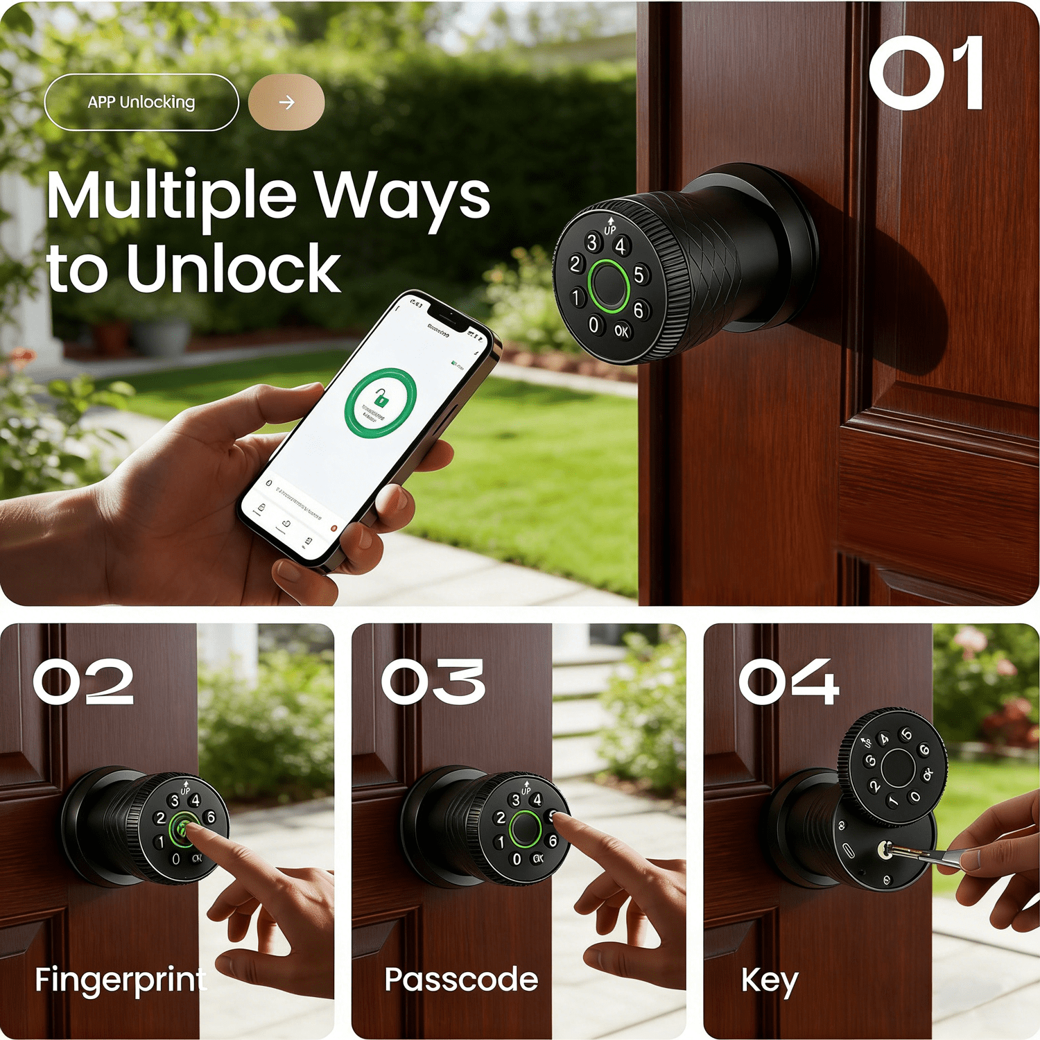Keyless Entry Fingerprint Door Knob, Smart Biometric Door Lock with Keypad Passcode Door Knob with Auto-Lock for Front Door, Bedroom, Gate & Office