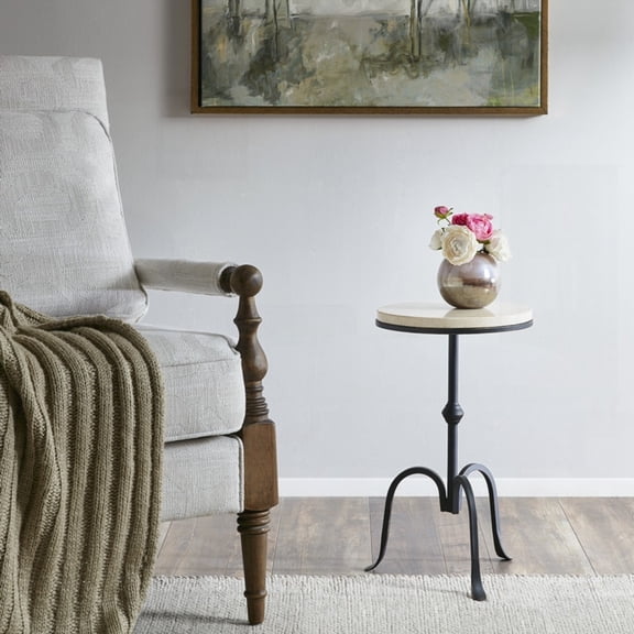 Sturdy Black Metal Frame Round Marble Accent Table for Home Use