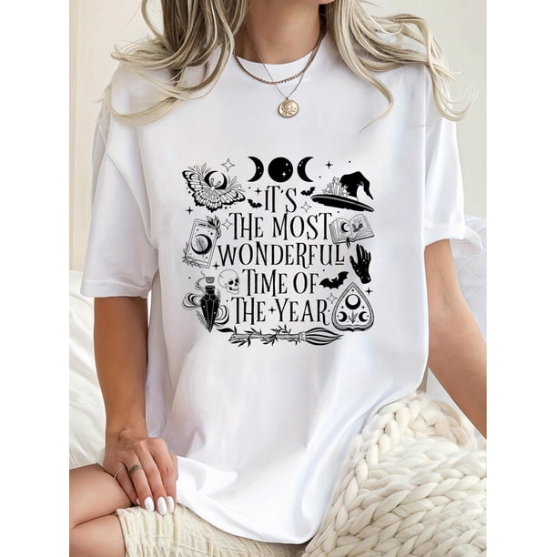 Camiseta informal de manga corta y cuello redondo para mujer, con estampado geométrico de lunas, tejido de punto elástico, algodón, ideal para verano, para todas las estaciones, ideal para deportes de