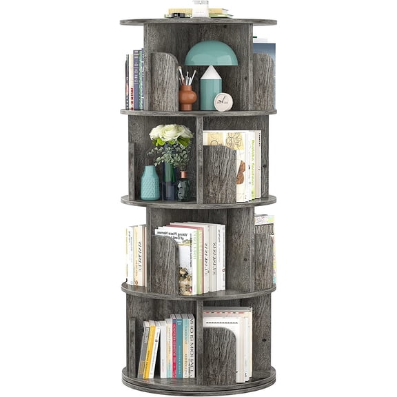 Homieasy Rotating Bookshelf, 360 Display Corner Bookshelf for Small Space, 4 Tier Floor Standing Bookcase Storage Rack, Wood Narrow Book Shelf Organizer for Bedroom, Living Room, Study Room, Grey Oak
