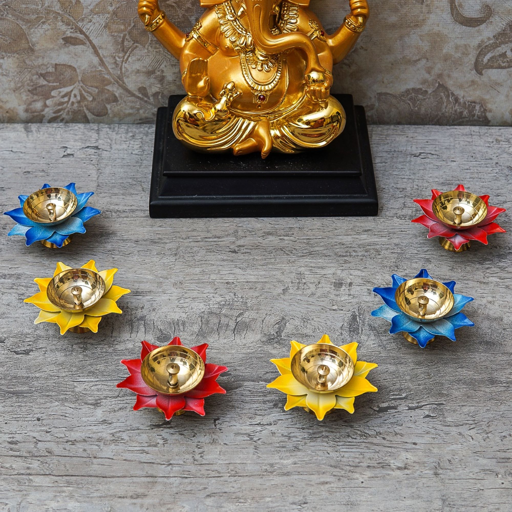 DARS DESIGN Traditional Indian Diwali Blue/Red/Yellow Brass and Copper Oil Lamp, Set of