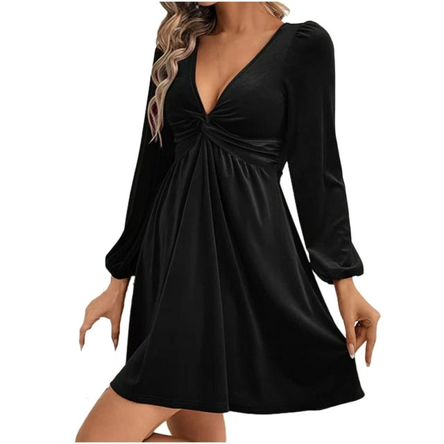 Ltctricy Robe en Velours pour Femmes Manches Longues Lanterne Col en V Profond Torsadé devant Froncé Robe Mini Fluide Ligne A Robes de Cocktail (Noir, Grand)