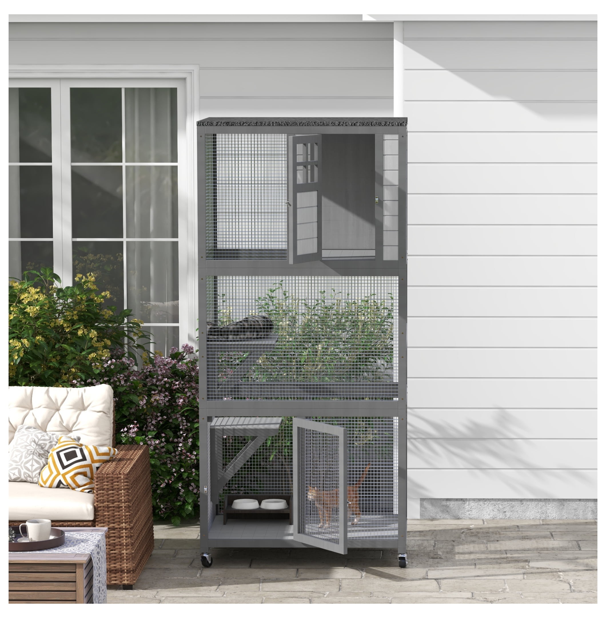 74" Wooden Catio Outdoor Cat House Weatherproof & Wheeled, Outside Cat Enclosure with High Weight Capacity, Kitten Cage Condo, Light Gray