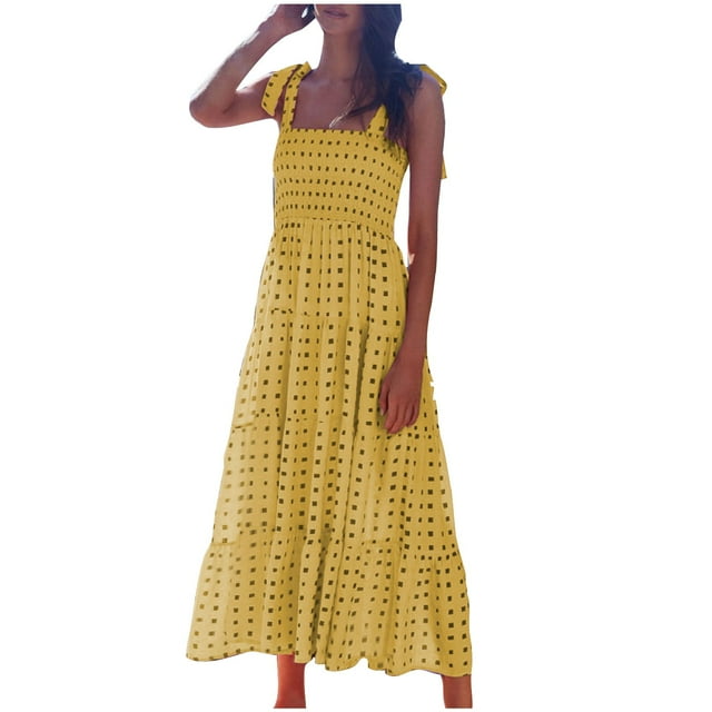 Yuyuzo Robe Maxi Boho pour Femmes 2024 Bretelles Spaghetti Réglables Robe Longue Col Carré à Volants Robe de Plage
