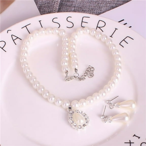 OPOLSKI Bridal Jewelry Set Water Drop Shape Pendant Faux Pearl Beaded Necklace Earrings White
