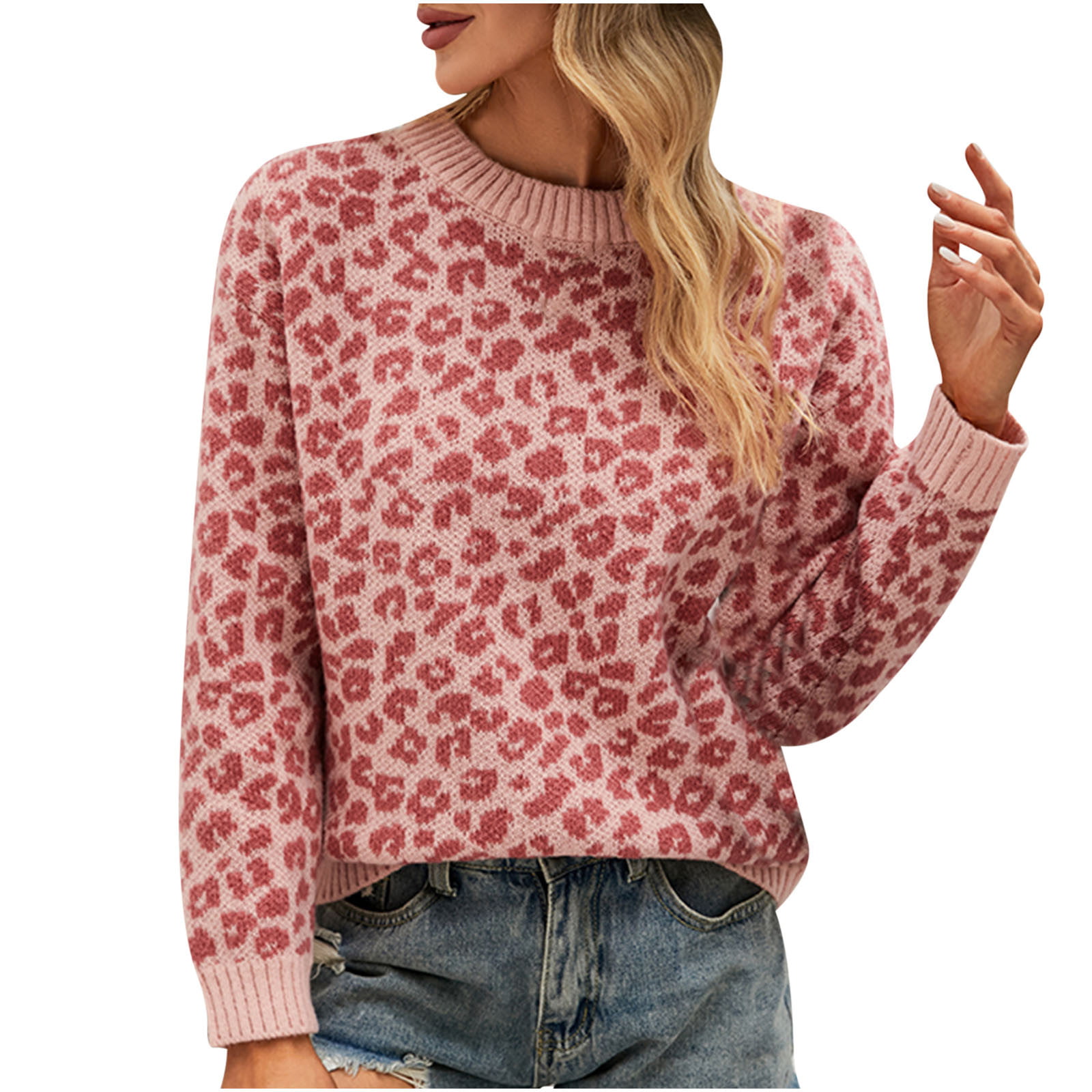 nogle få Skov Spekulerer QUYUON Sweater For Women Casual Hot Pink Sweater Women Leopard Print Sweatshirt  Pullover Long Sleeve Shirt Tops Blouse Ladies Crew Neck Sweater M -  Walmart.com