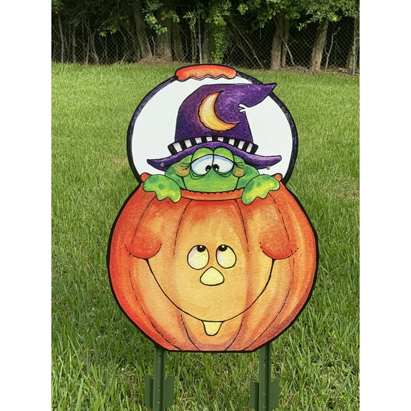 Frog Sits Inside A Pumpkin Halloween Yard Art
