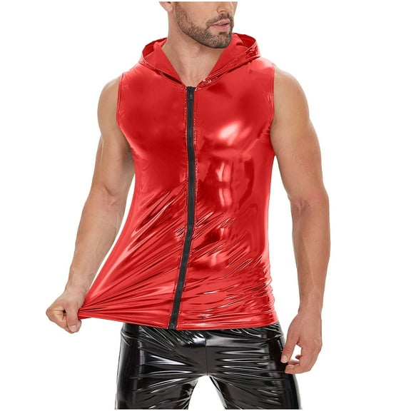 Bzhegqhd Men's Patent Leather Sexy Glossy Leather Hooded Leather Sleeveless Stand Up Collar Top/shirt