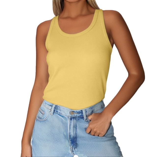 WZXFASHION Tank Top For Women Summer Sleeveless Neck Ribbed Workout Tank Tops Slim Basic Tee Shirts Camisoles&Tanks Yellow XL