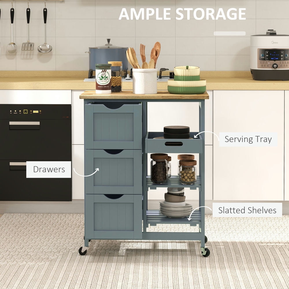 Demi Bonn 33.7" Mobile Kitchen Island Cart with Wood Top Breakfast Bar, Compact Trolley on Wheels with Shelves, Drawers, Gray