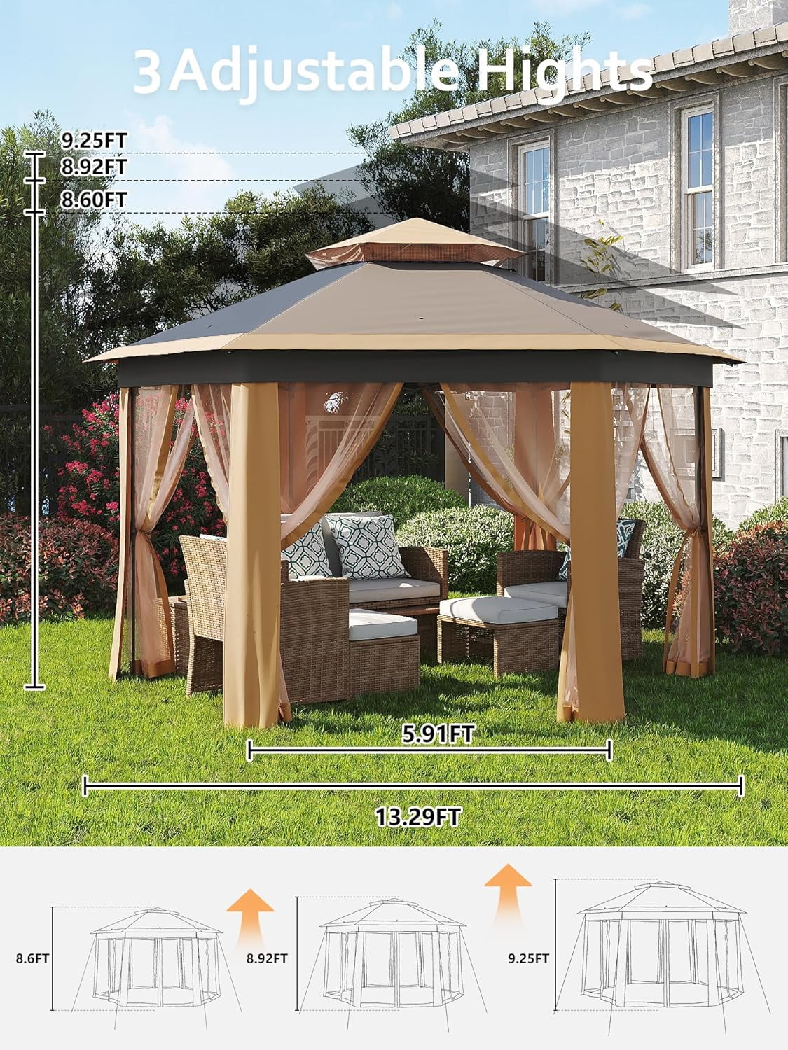 Garvee 13x13 feet Pop Up Gazebo, Hexagonal Tent with Mosquito Netting, 6-Sided Sun Shelter
