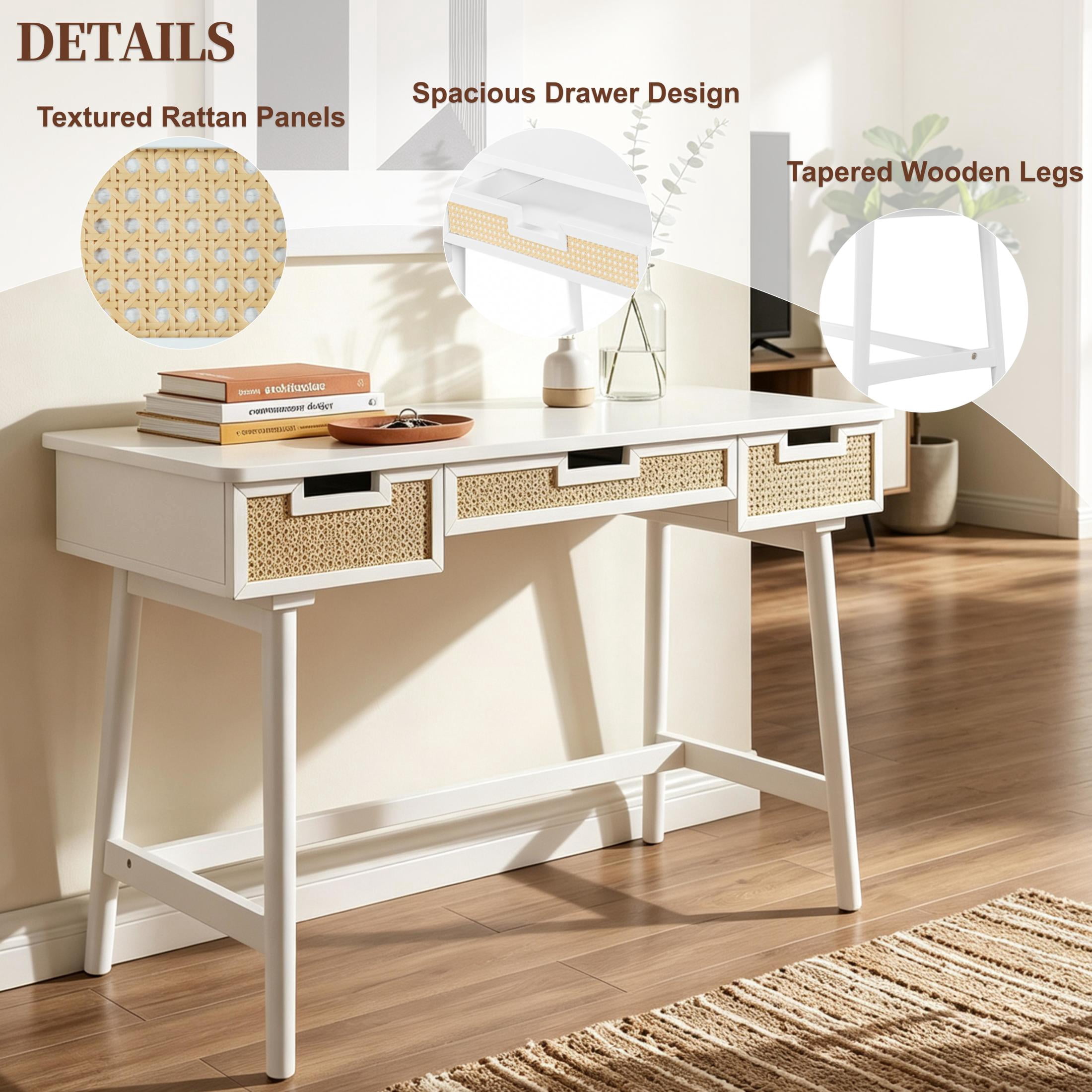 Christopher Knight Home 51" Writing Desk with 3 Rattan Drawers, Wood Vanity Workstation, White