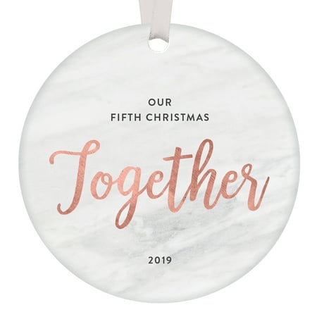 Fifth Anniversary Together Gift Keepsake Christmas Ornament 2019 Couple Husband Wife Mr & Mrs Wedding Present Married Five Years Best Friend Marble Rose Gold Hanging Decoration Round 3