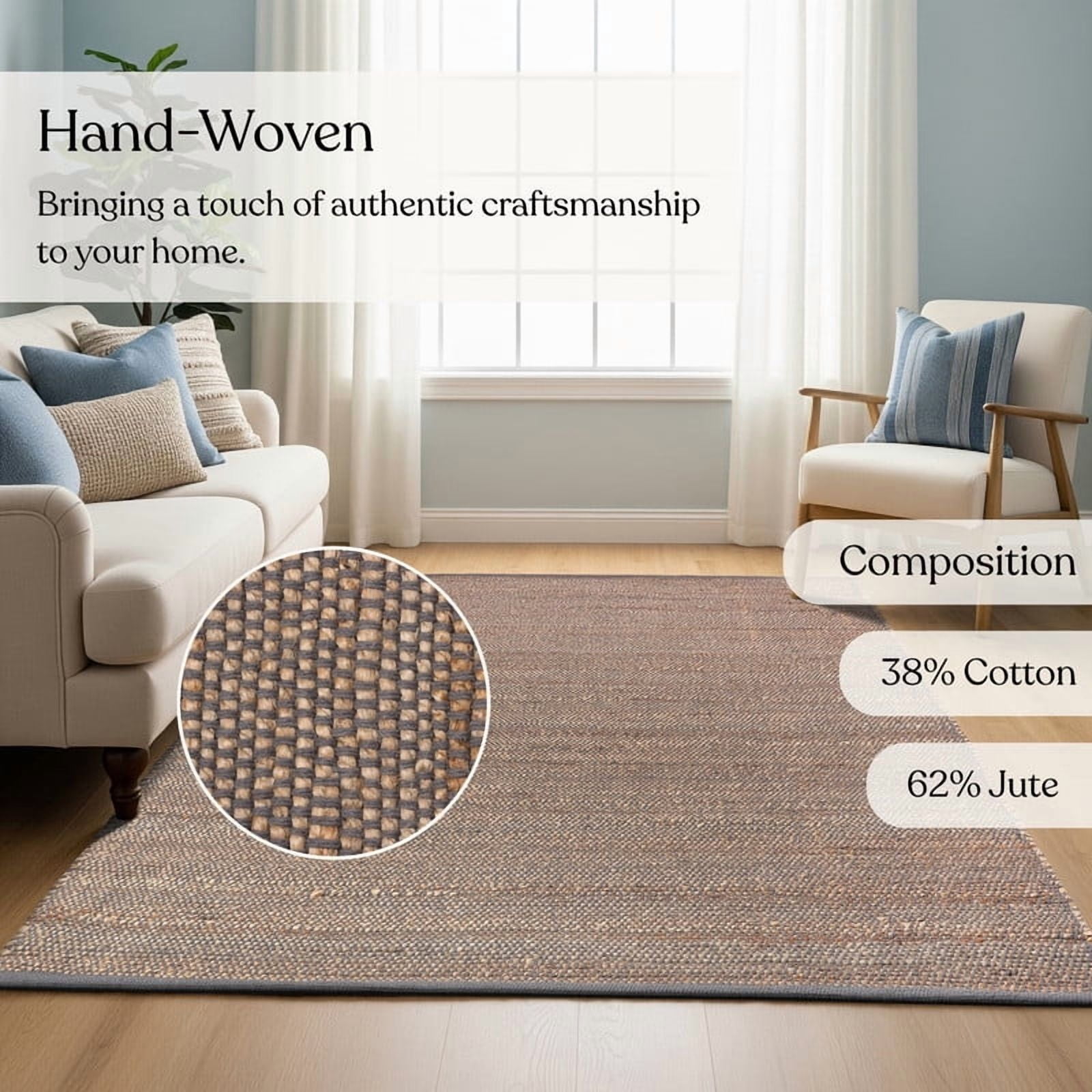 Delara Dark Grey 8' X 10' Handwoven Jute and Cotton Area Rug, Flatweave, Farmhouse Style