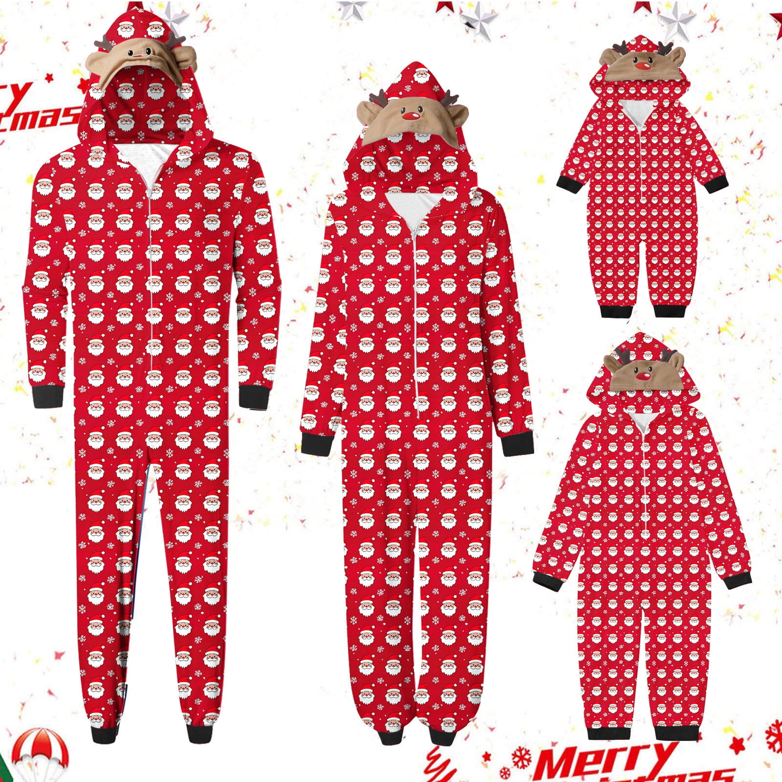 jsaierl Matching Family Christmas Pajamas Set Hoodie Onesies Reindeer Jumpsuit Romper Holiday Pjs One Piece Hooded Sleepwear